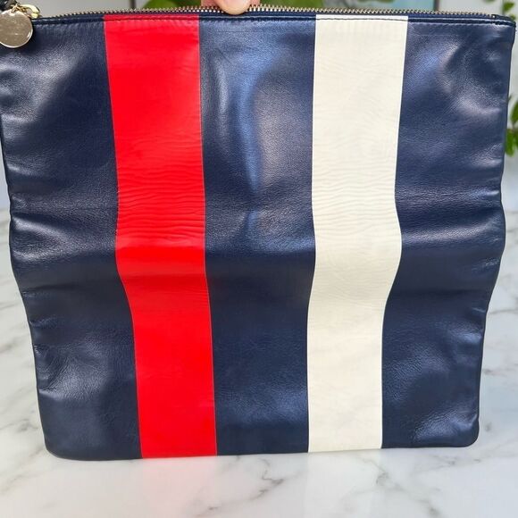 CLARE V. Super Flat Clutch Navy Red Cream Striped Leather Foldover Bag - Picture 4 of 9